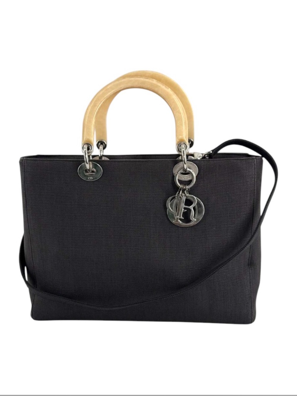 Christian Dior Lady Dior Bamboo handles black canvas handbag